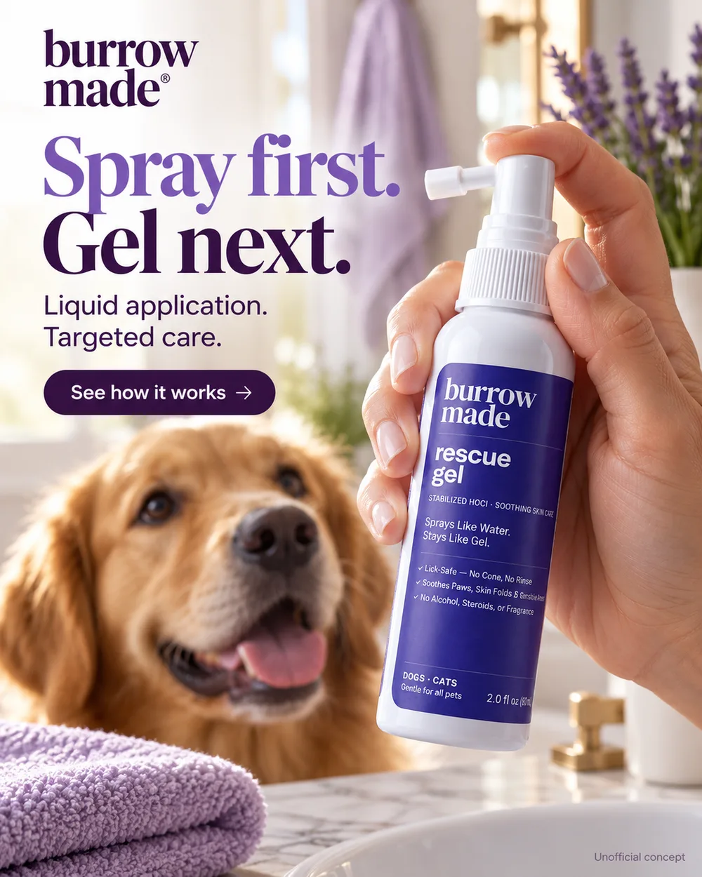 Concept static ad for Burrow Made, a pet skincare brand