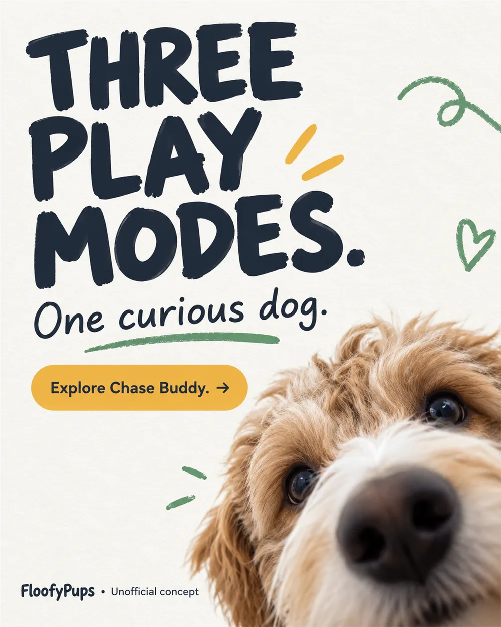 FloofyPups concept ad: Three play modes. One curious dog.